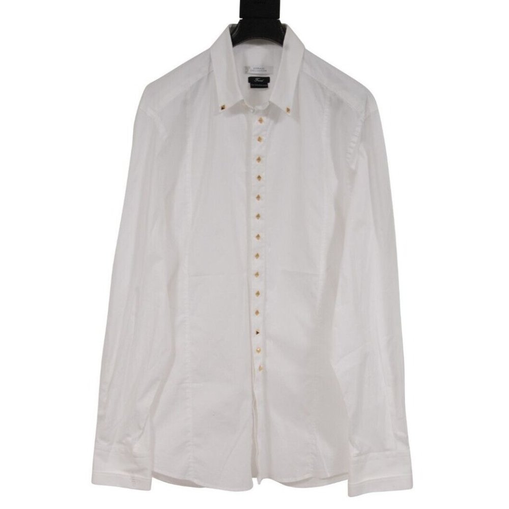 Versace Collection Mens Rockstud Pyramid Button Down Shirt Size 43 White Cotton